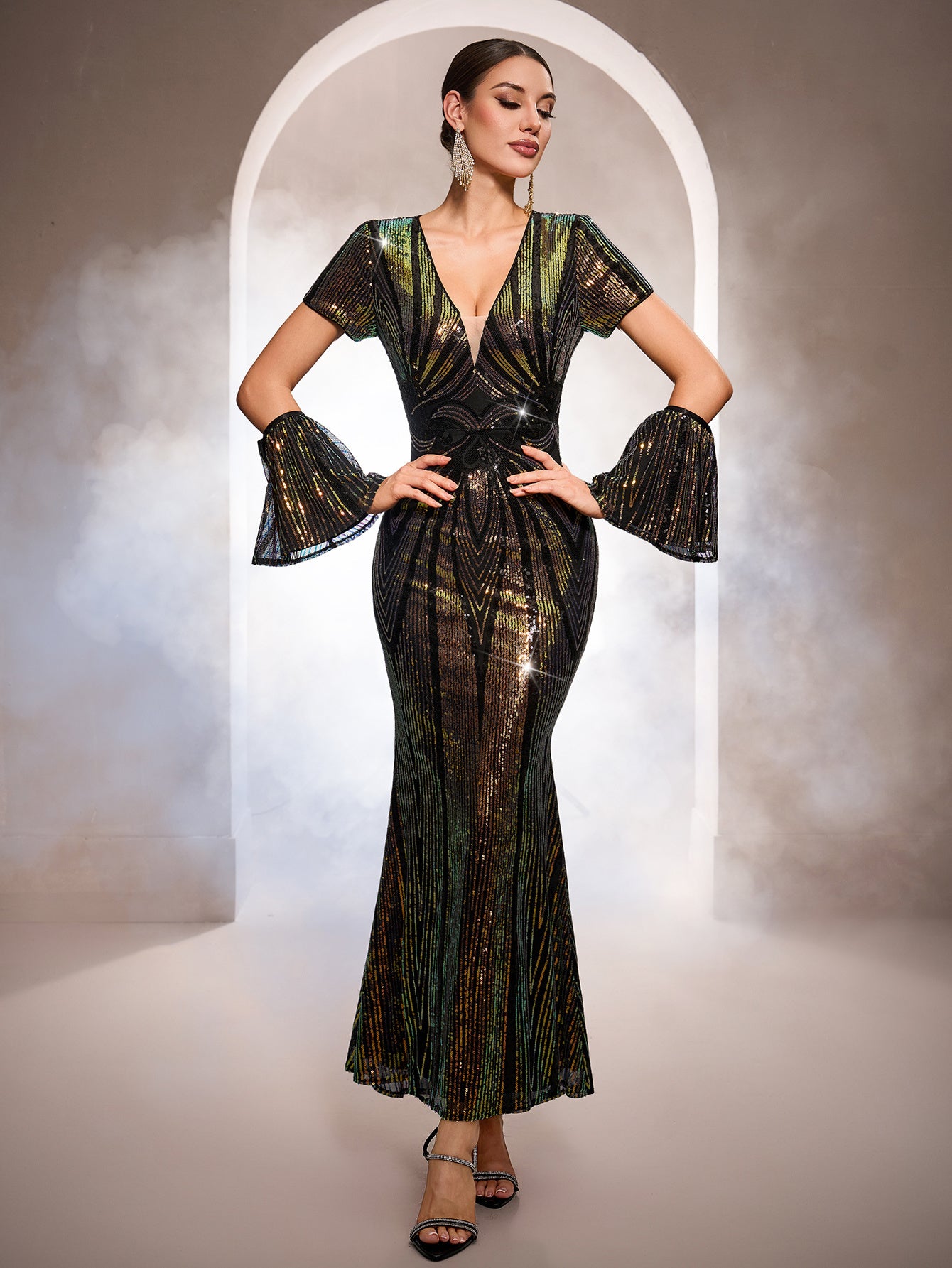 black iridescent sequin dress Women's Shimmering Love Iridescent Sequin Midi Dress in Black