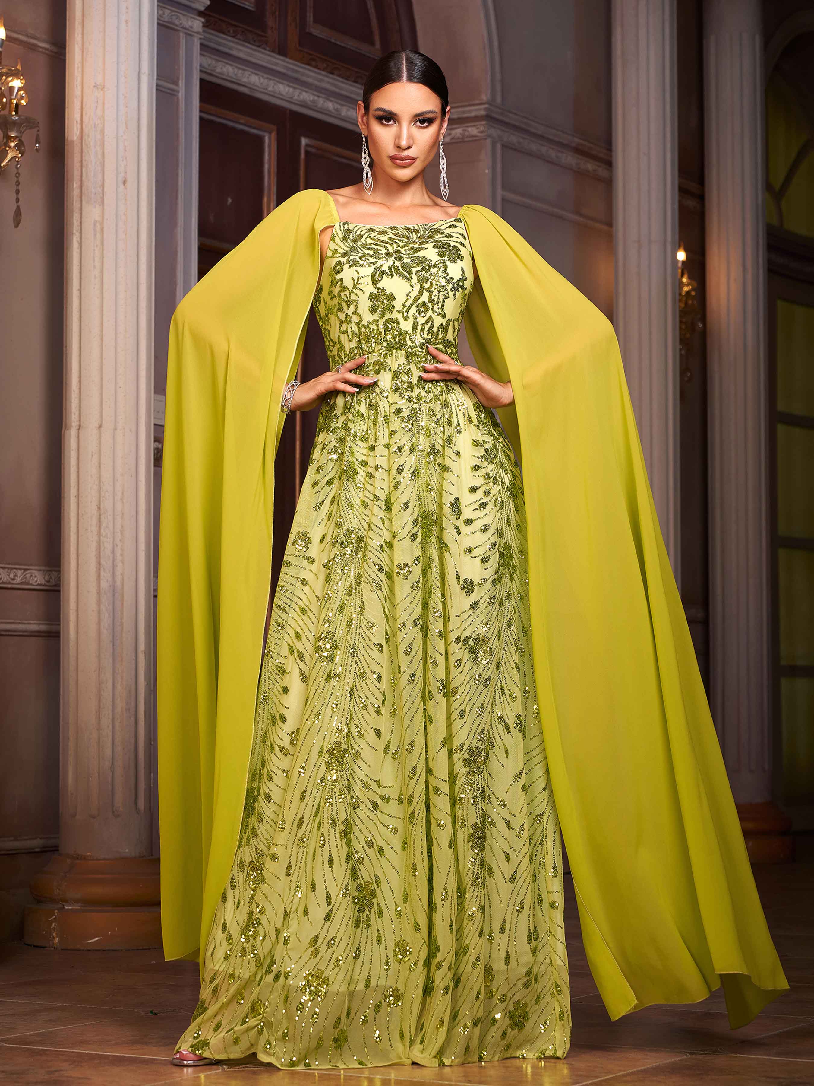 prom dress with cape sleeves Detachable Cape Sleeves Sparkly Prom Gown with Sweetheart Neck Long Prom Dress ARD2697