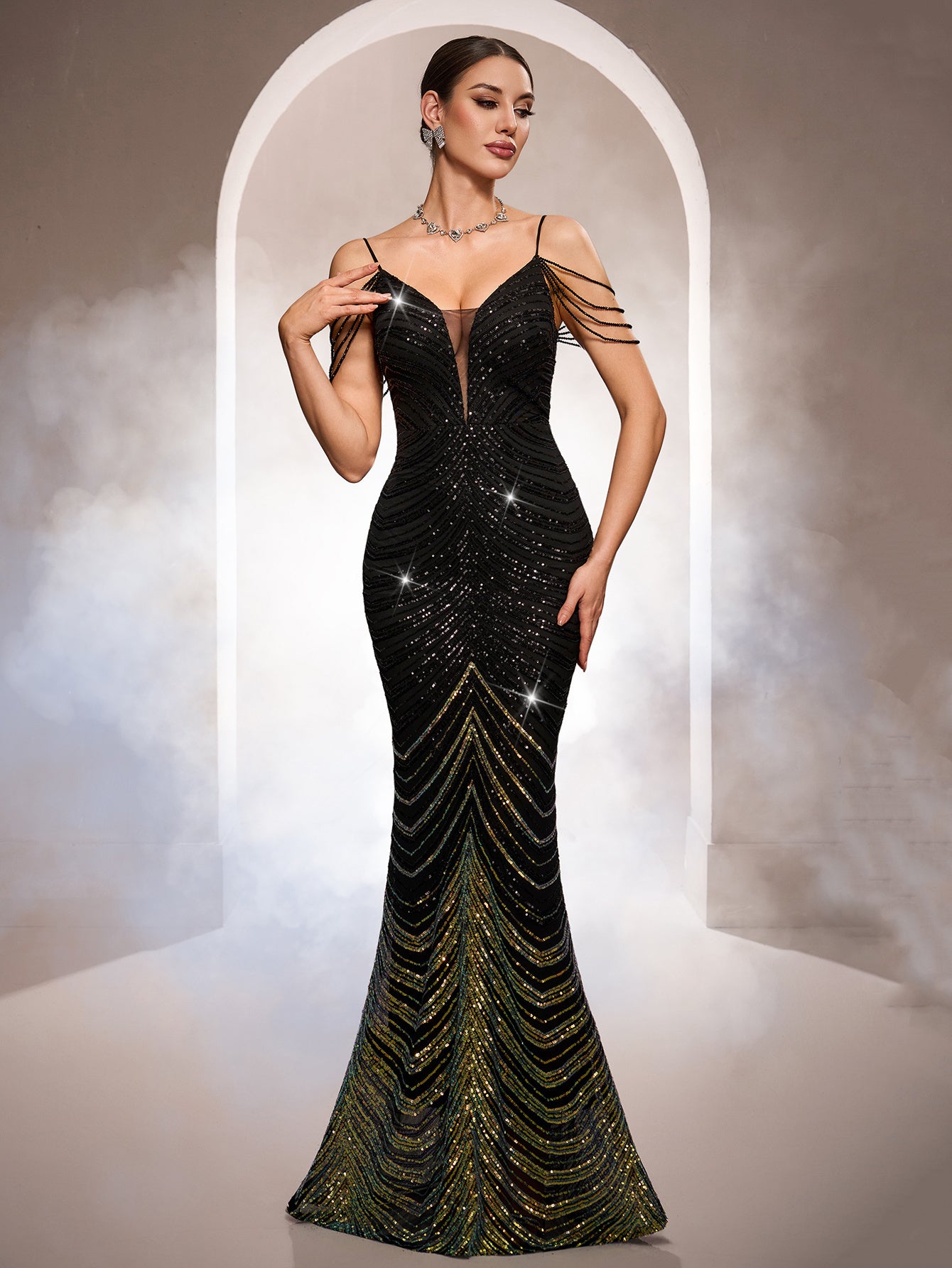 luxury sequin dress Gold Ruffles Mermaid Luxury Sequin Floor length Prom Dresses