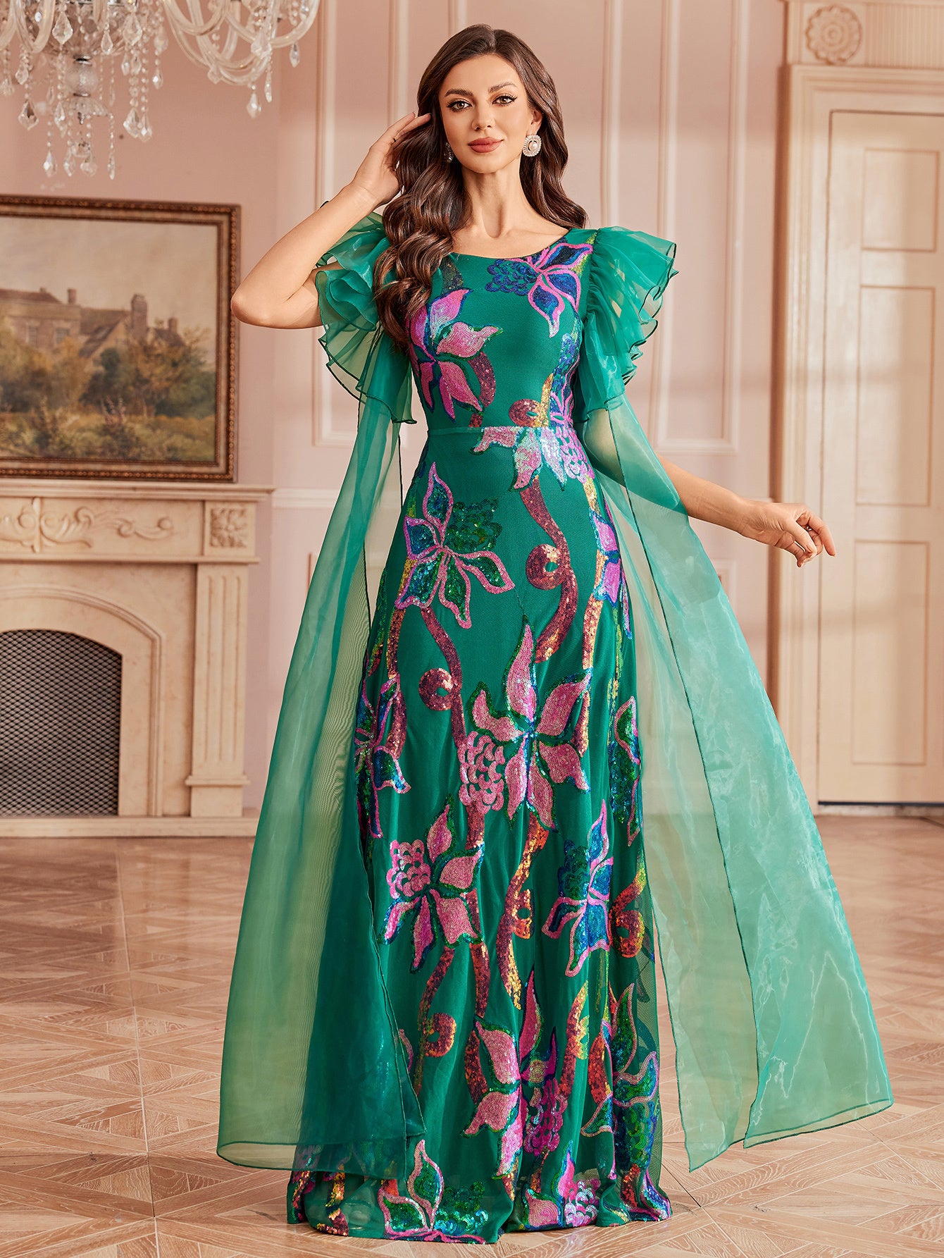 Green Floral Sequin Ruffled Mesh Prom Dress GM0122 - Green / L Green Floral Sequin Ruffled Mesh Prom Dress GM0122 - Green / L