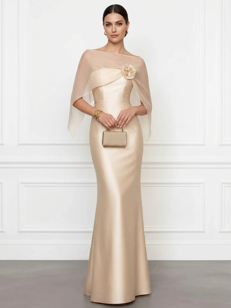 Satin Capelet Mermaid Maxi Evening Dress XF251337 - Beige / S Satin Capelet Mermaid Maxi Evening Dress XF251337 - Beige / S