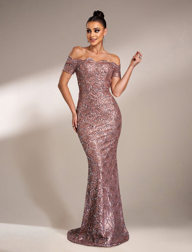 Ruffle Neck Black Sequin Evening Dress JMH3139 - Rose Gold / M Ruffle Neck Black Sequin Evening Dress JMH3139 - Rose Gold / M
