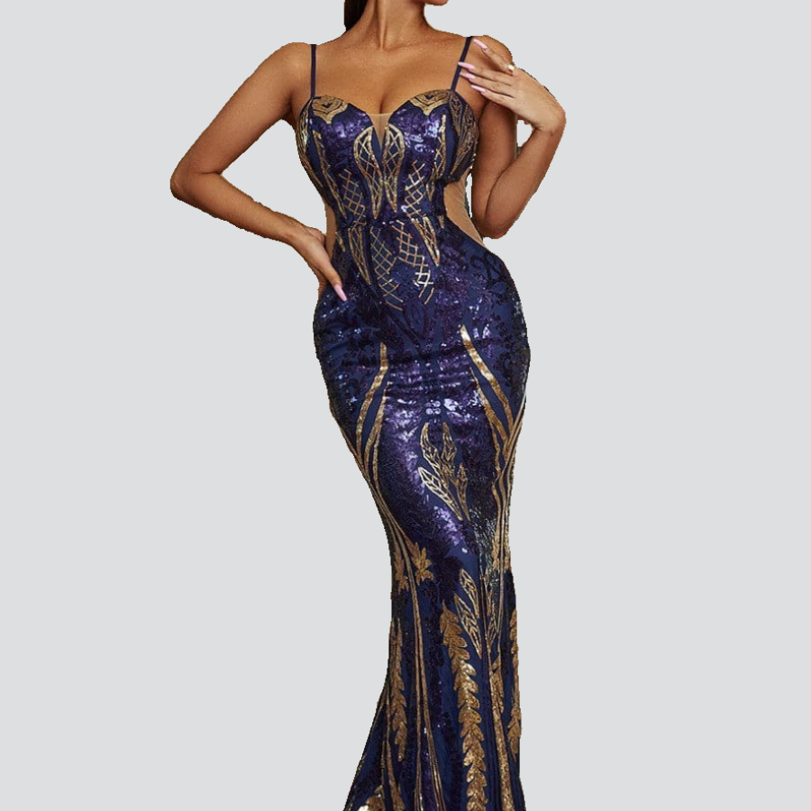 Spaghetti Strap Cut Out Mermaid Hem Sequin Blue Prom Dress JMT1148