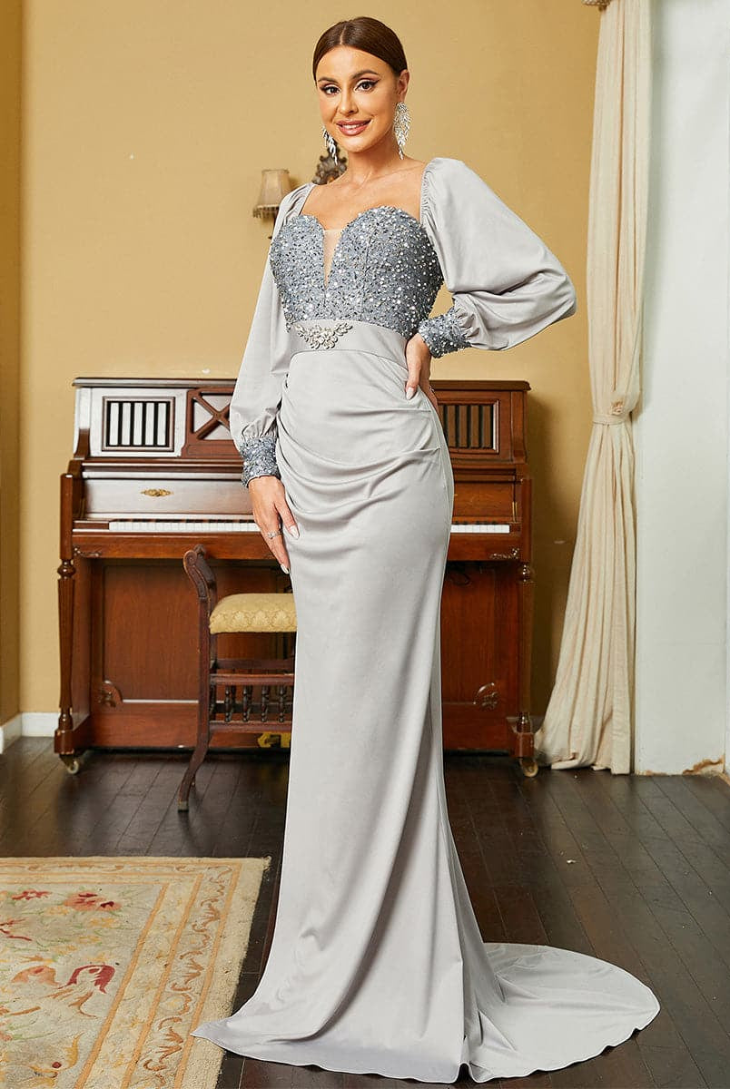 Long Sleeve Corset Grey Mermaid Evening Gown XHP2168