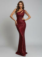 Elegant One-Shoulder Burgundy Sequin Gown M01960 - MISS ORD