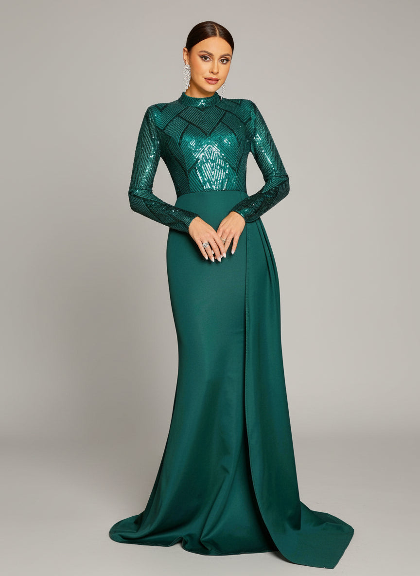 Draping Long Sleeve Sequin Formal Dress M02153