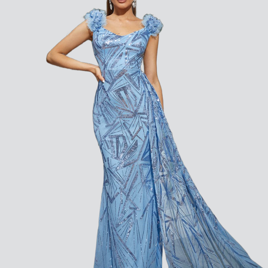 Sleeveless Ribbon Sequin Mermaid Blue Evening Dress M02171