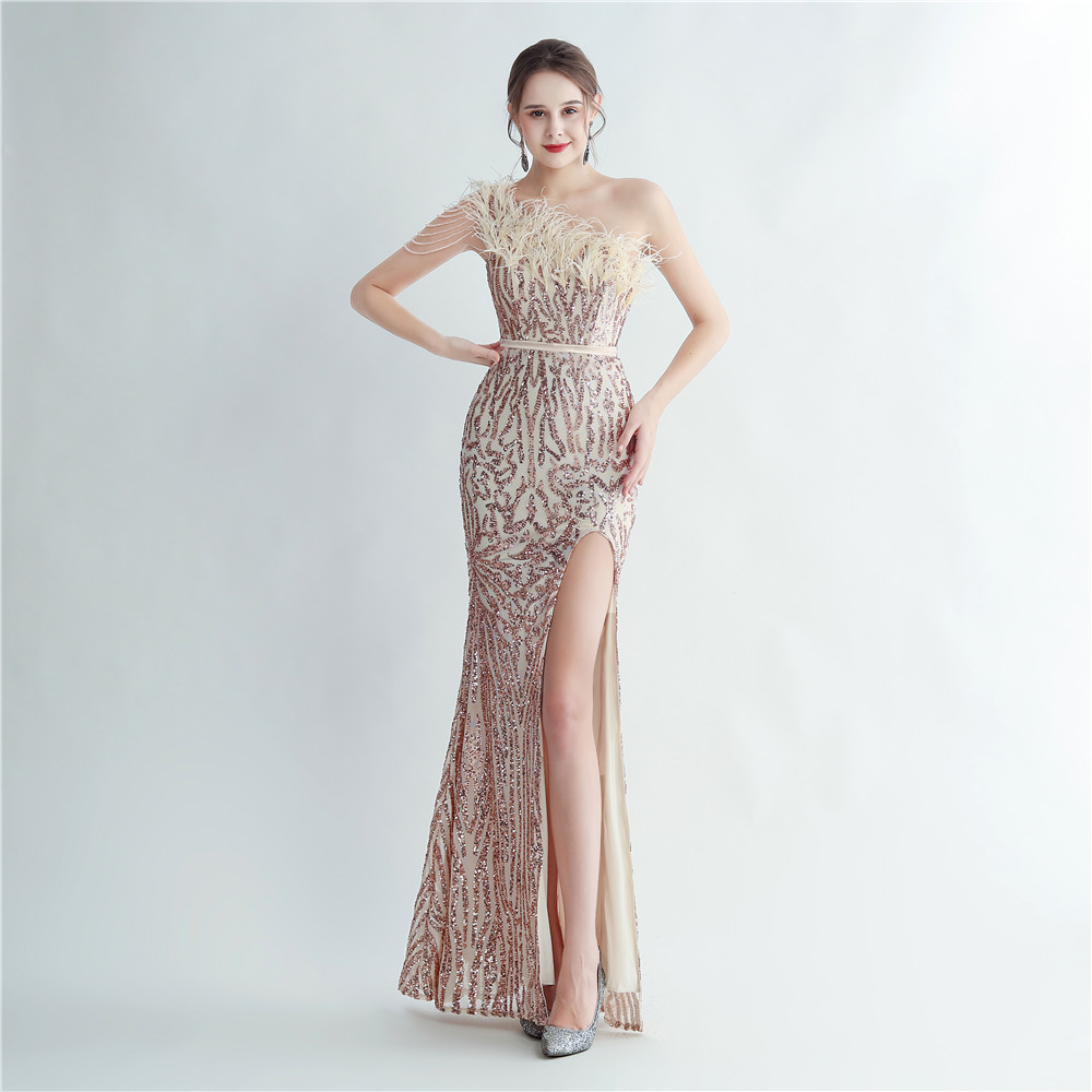 One Shoulder Feather Beads Chain Sequin Black Prom Dress M02337