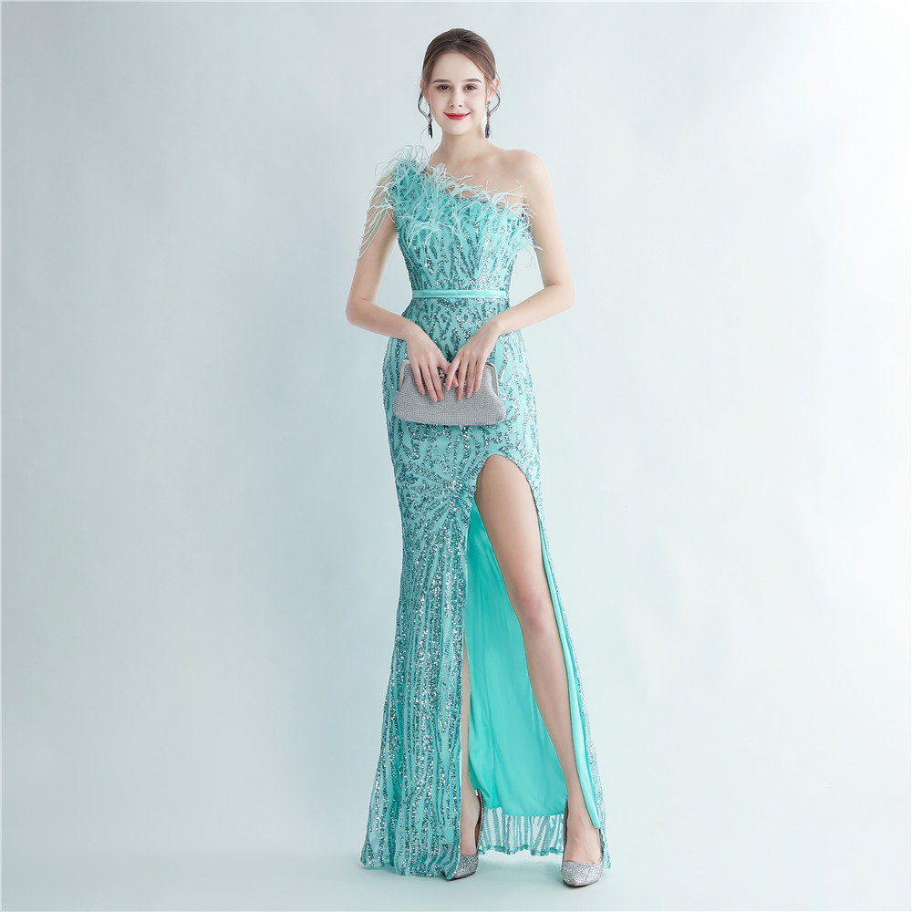 One Shoulder Feather Beads Chain Sequin Black Prom Dress M02337