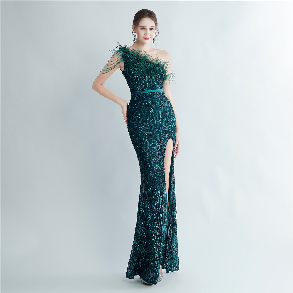 One Shoulder Feather Beads Chain Sequin Black Prom Dress M02337