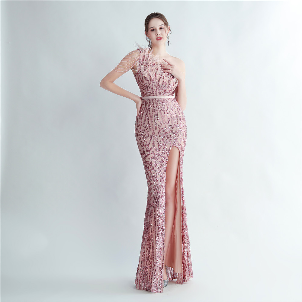 One Shoulder Feather Beads Chain Sequin Black Prom Dress M02337