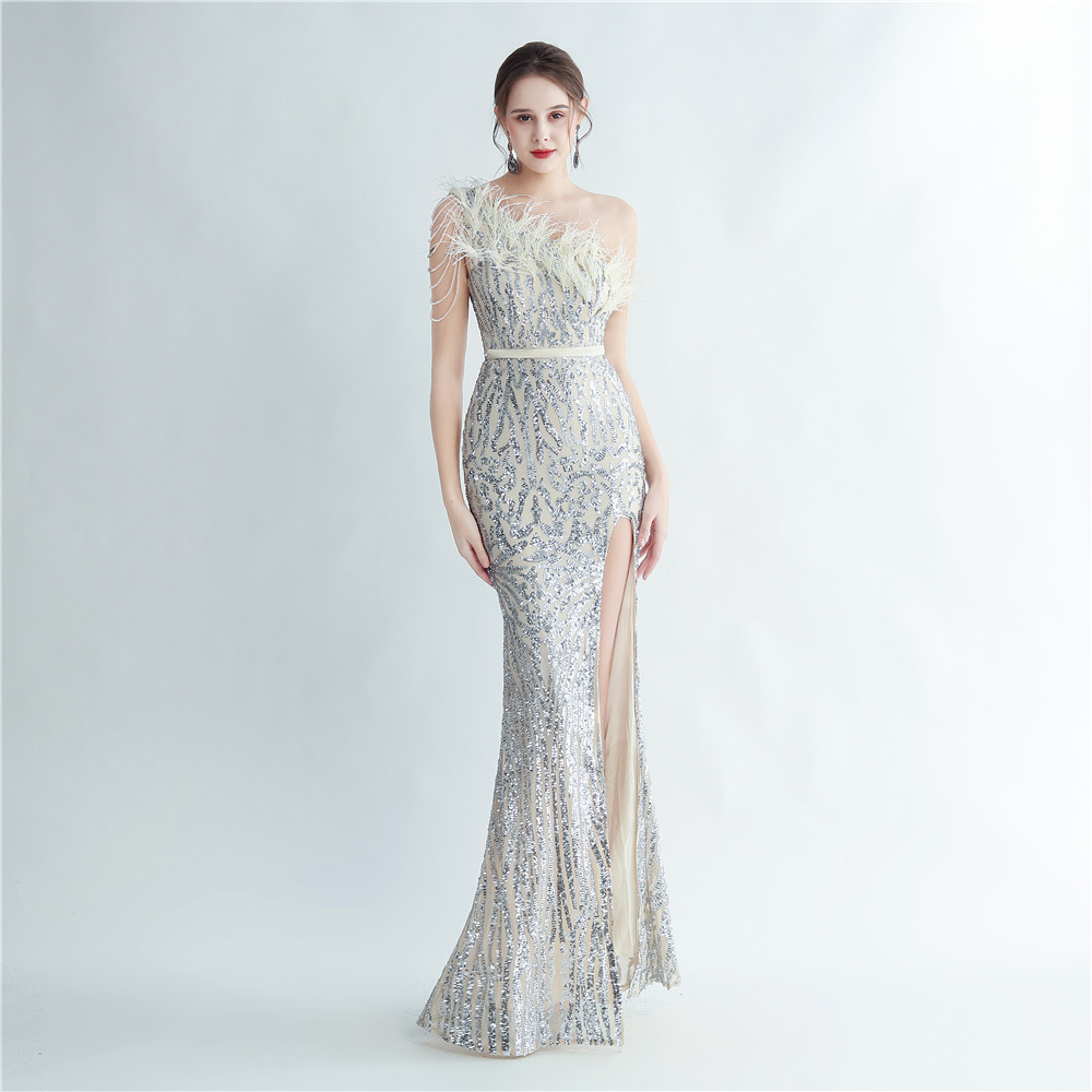 One Shoulder Feather Beads Chain Sequin Black Prom Dress M02337