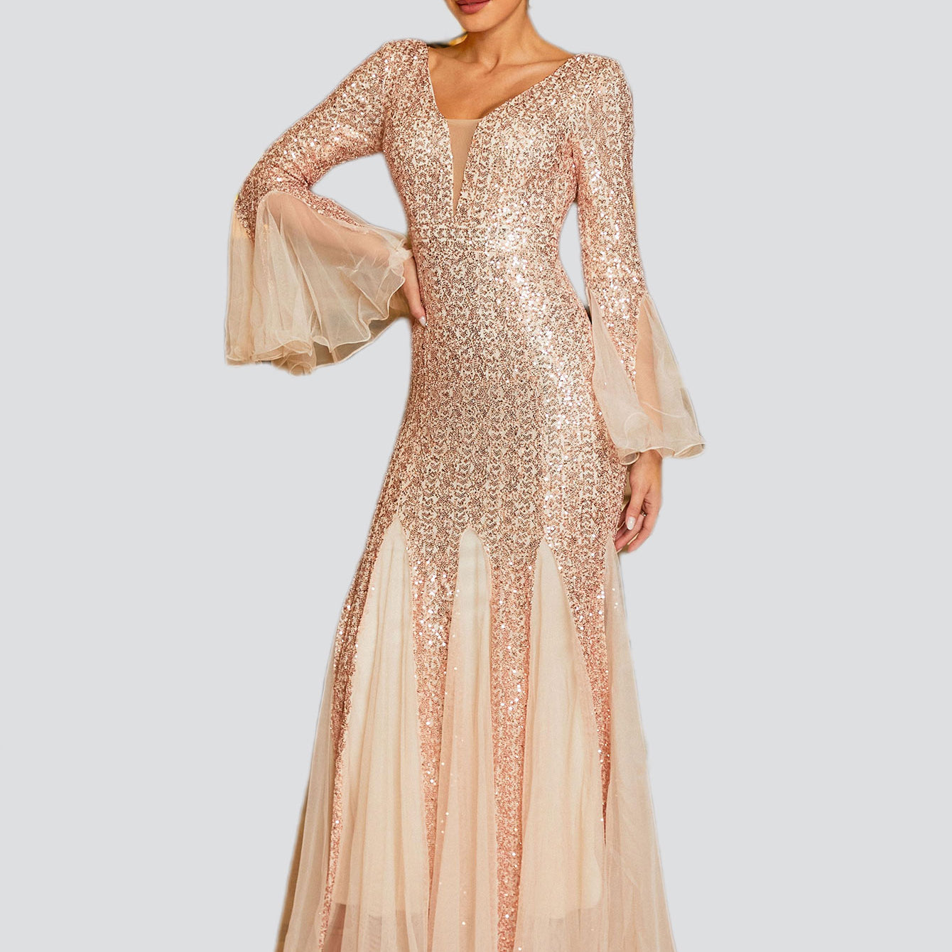 V-neck Panel Ruffle Backless Sequin Prom Dress M02339