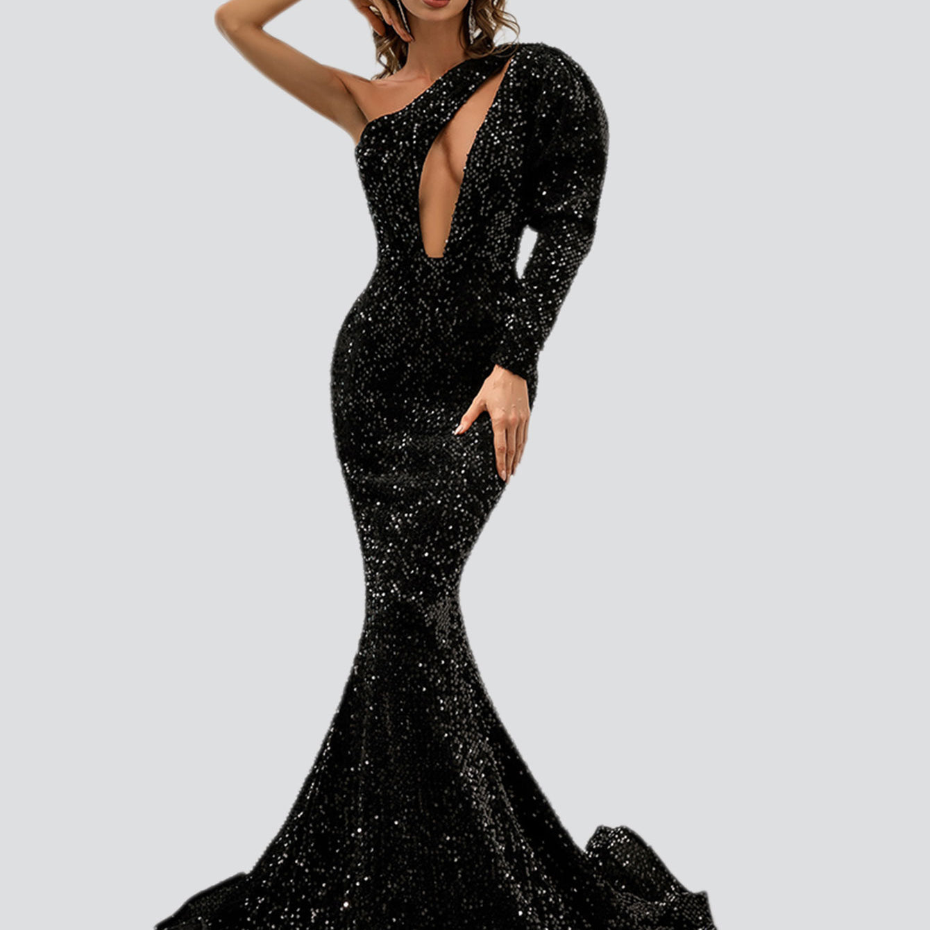 Schwarzes Meerjungfrauenkleid mit Ausschnitt M0803