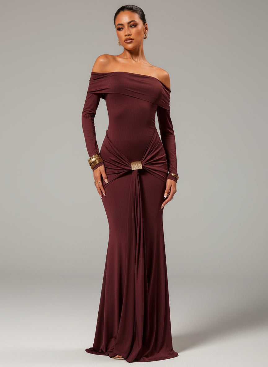 Off Shoulder Draped Long Sleeve Dress MCC1202 - Brown / M Off Shoulder Draped Long Sleeve Dress MCC1202 - Brown / M