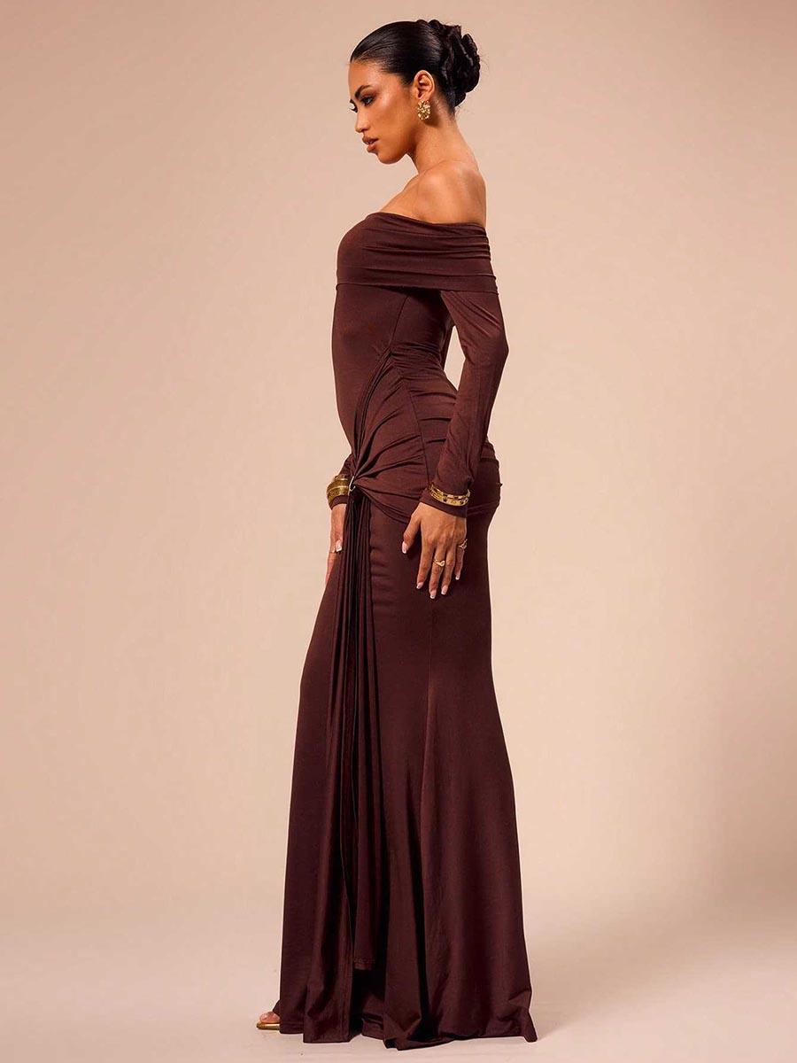 Off Shoulder Draped Long Sleeve Dress MCC1202 - MISS ORD