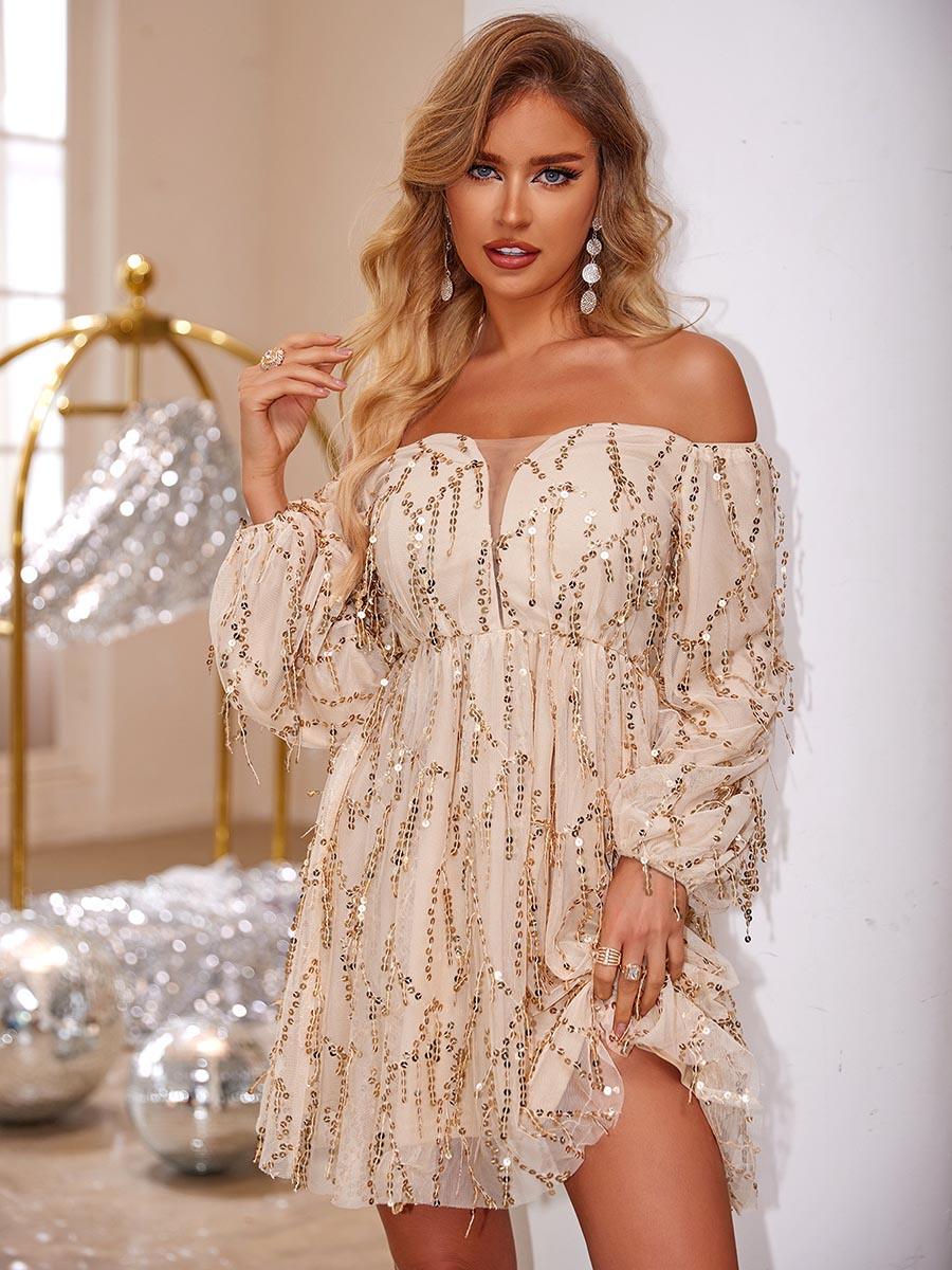Fringed Sequin Off Shoulder A-line Mini Dress MCC1212 - MISS ORD