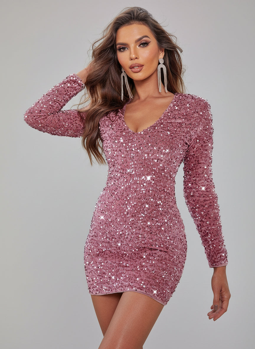 Sequin Long Sleeve V-neck Mini Party Dress MCC1213 - MISS ORD