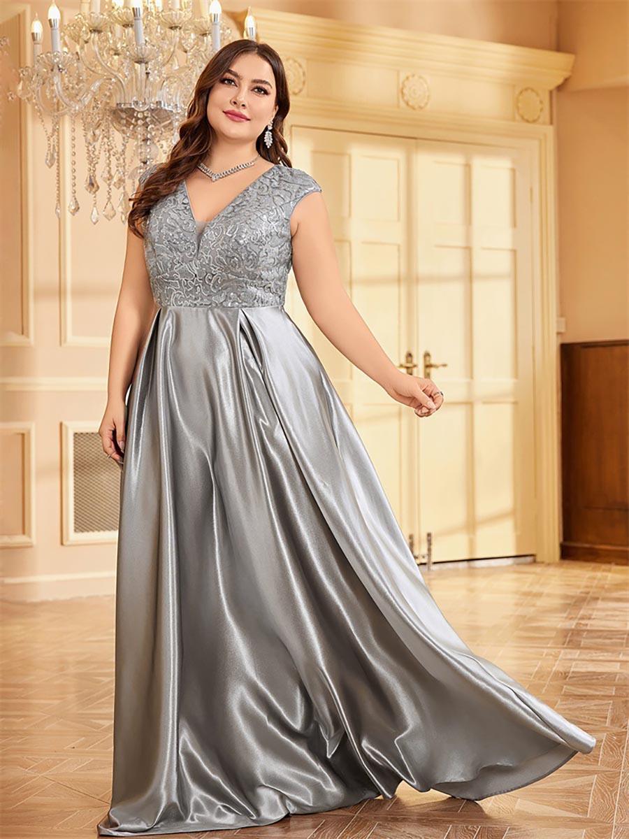 Plus Gray Panel V-neck A-line Prom Dress MCC1232 - MISS ORD