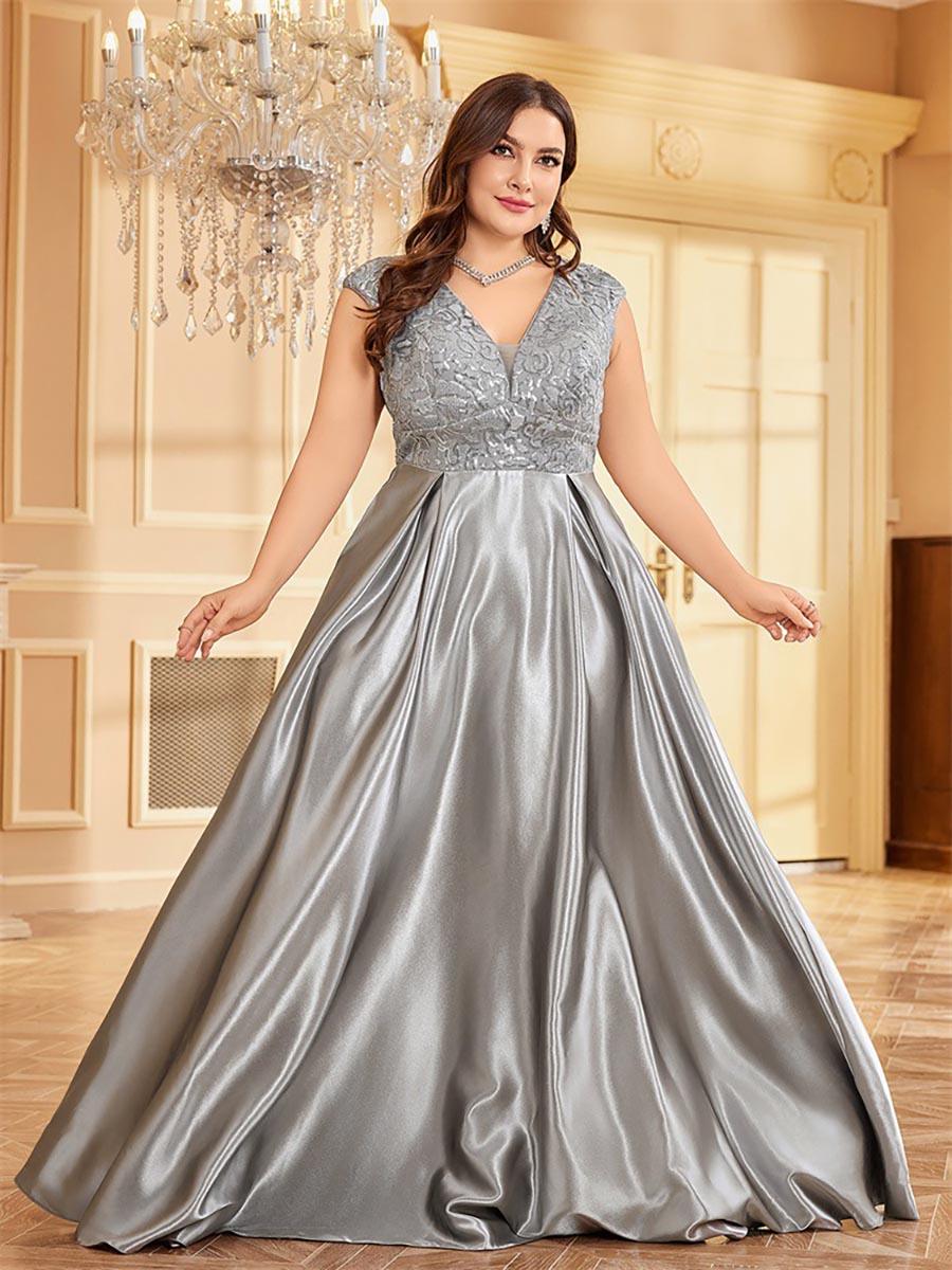 Plus Gray Panel V-neck A-line Prom Dress MCC1232 - MISS ORD