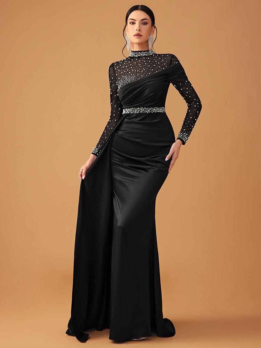 Elegant Mesh Beaded Satin Turtleneck Evening Dress MCW0924 - MISS ORD