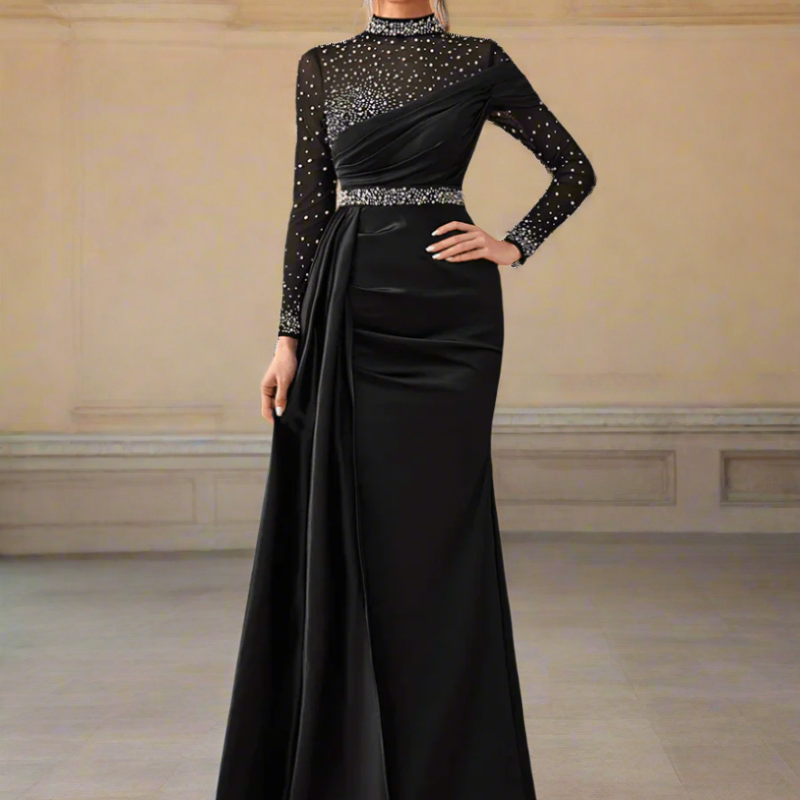 Elegant Mesh Beaded Satin Turtleneck Evening Dress GM90146 - Black / S Elegant Mesh Beaded Satin Turtleneck Evening Dress GM90146 - Black / S