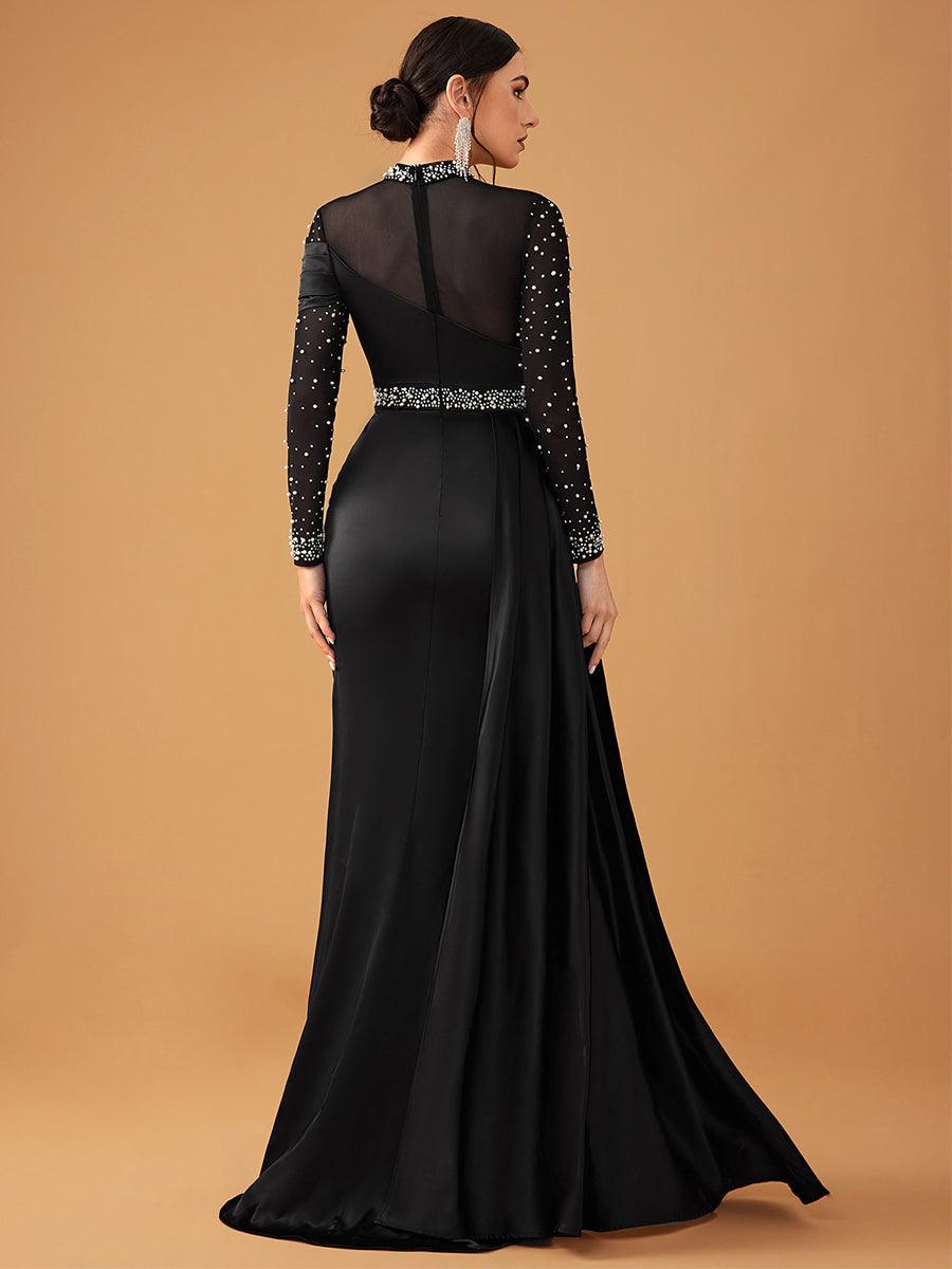Elegant Mesh Beaded Satin Turtleneck Evening Dress MCW0924 - MISS ORD