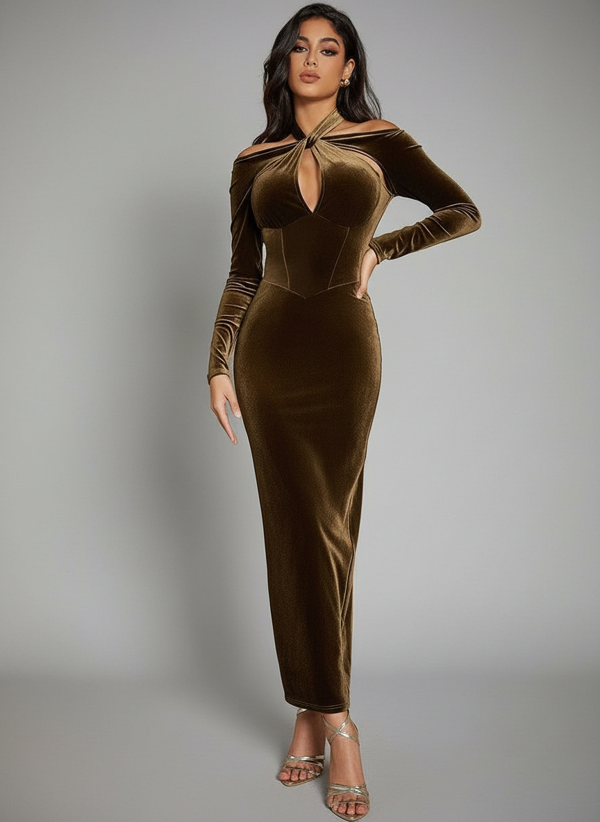 Cutout Halter Velvet Long Sleeve Prom Dress MCW0930