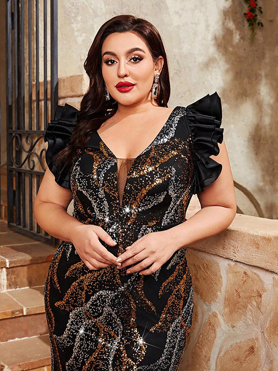 Plus Size V-neck Geometric Sequin Prom Dress MCW0994 - MISS ORD