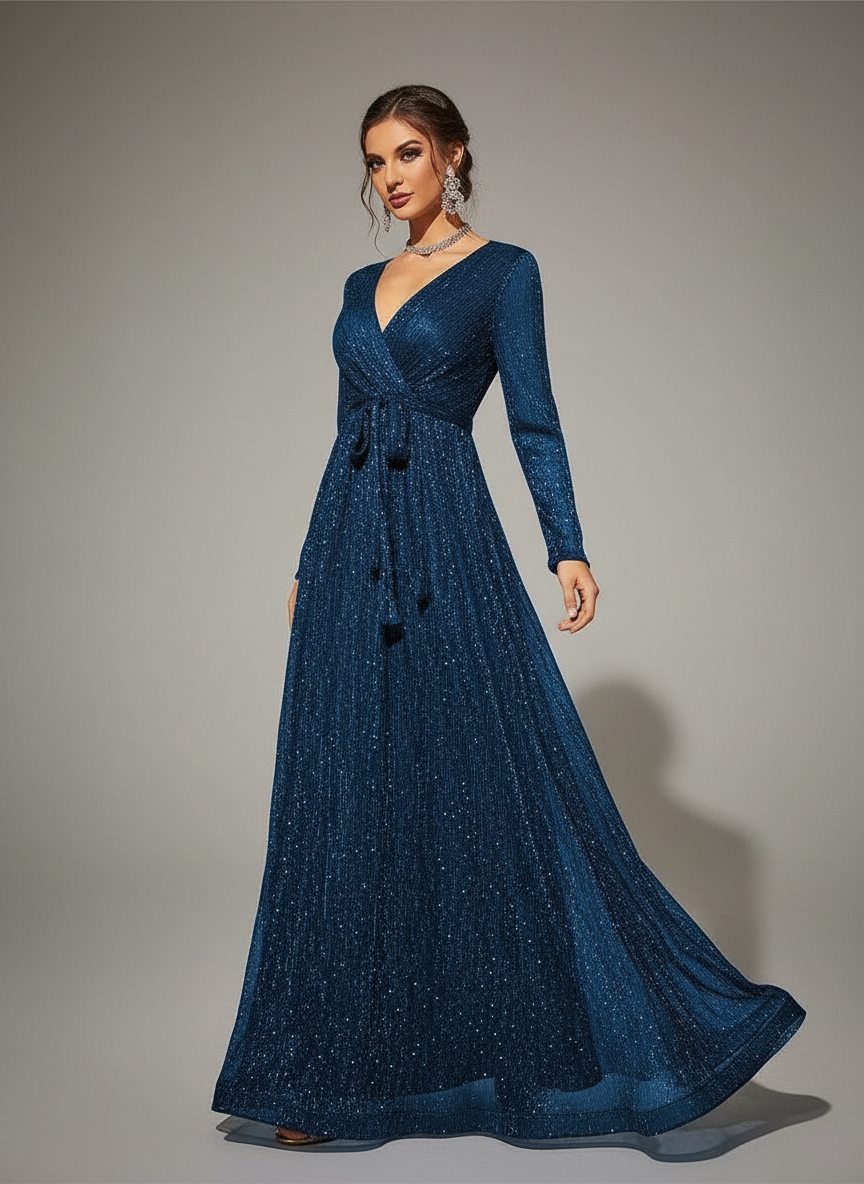 Long Sleeve Wrap A-line Prom Dress MCW1154