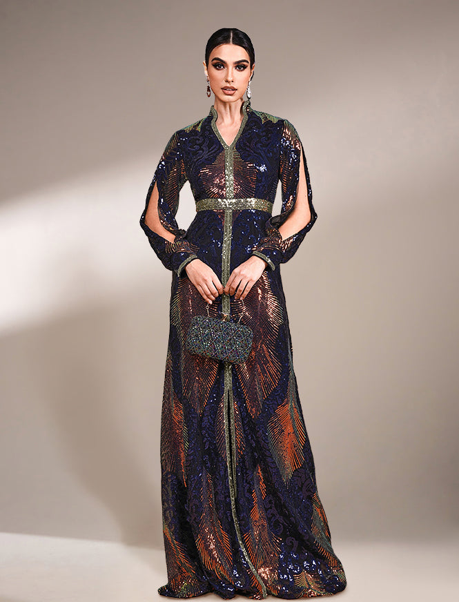 Stand Collar Cutout Sleeve Sequin Abaya Maxi Dress ME00330