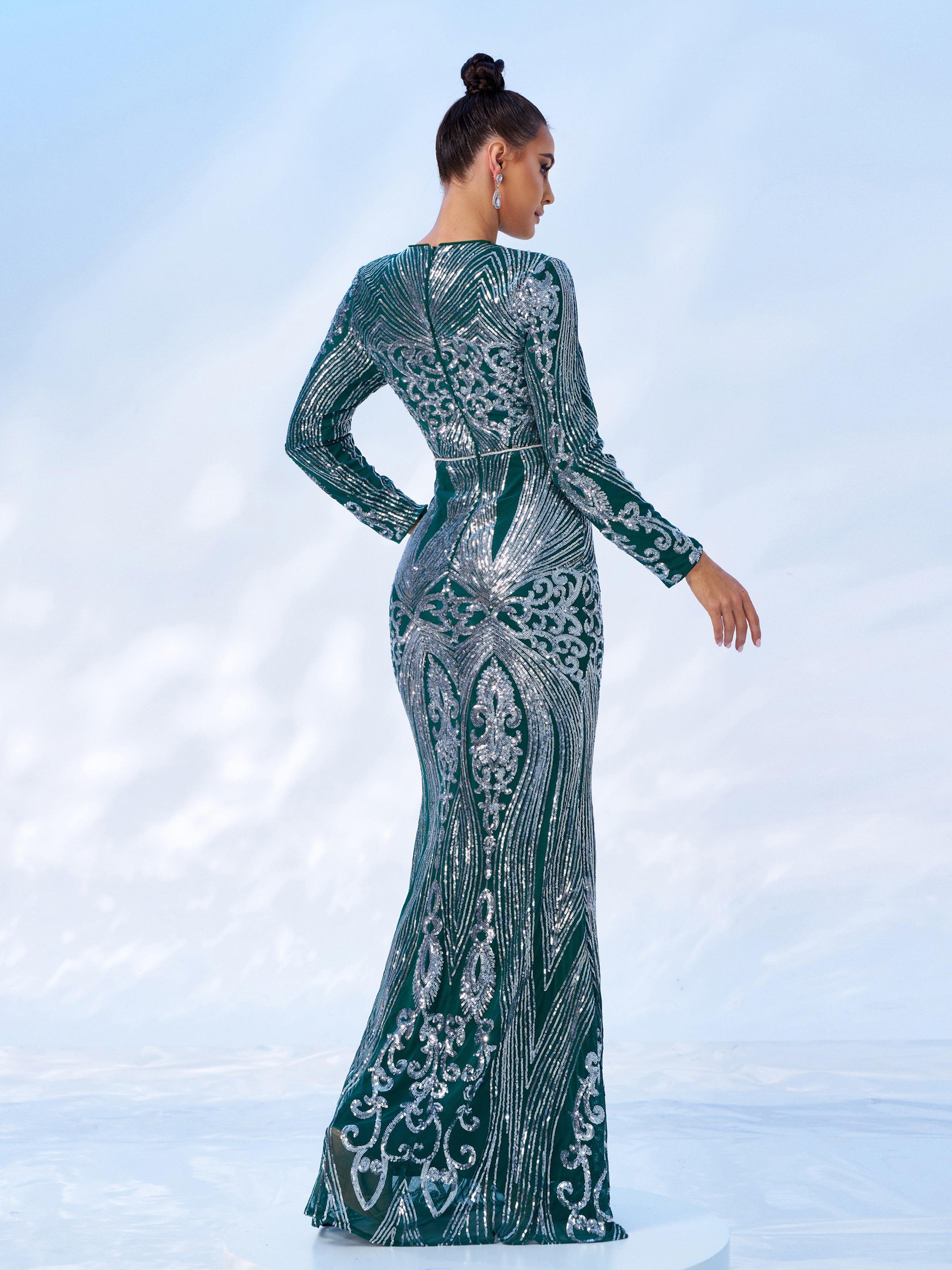 Green Geometric Sequin Long Sleeve Dress MES00629 - MISS ORD