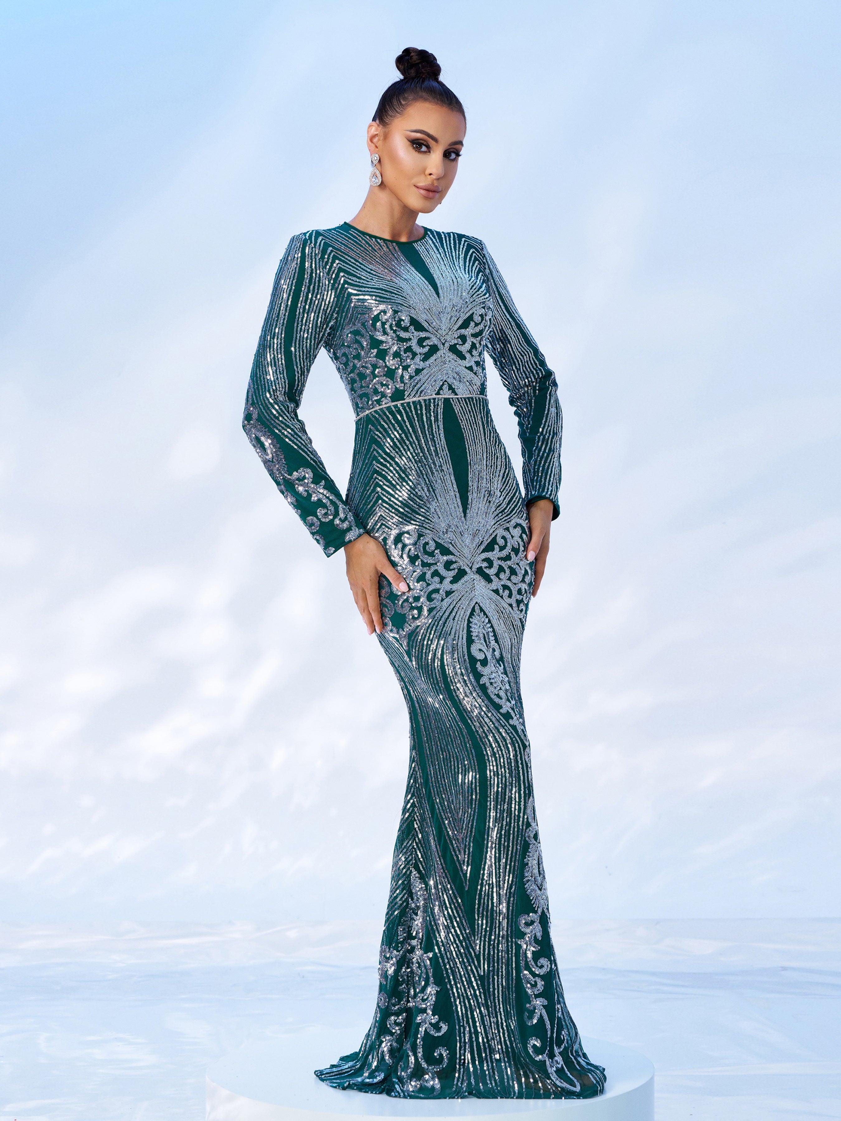 Green Geometric Sequin Long Sleeve Dress MES00629 - MISS ORD