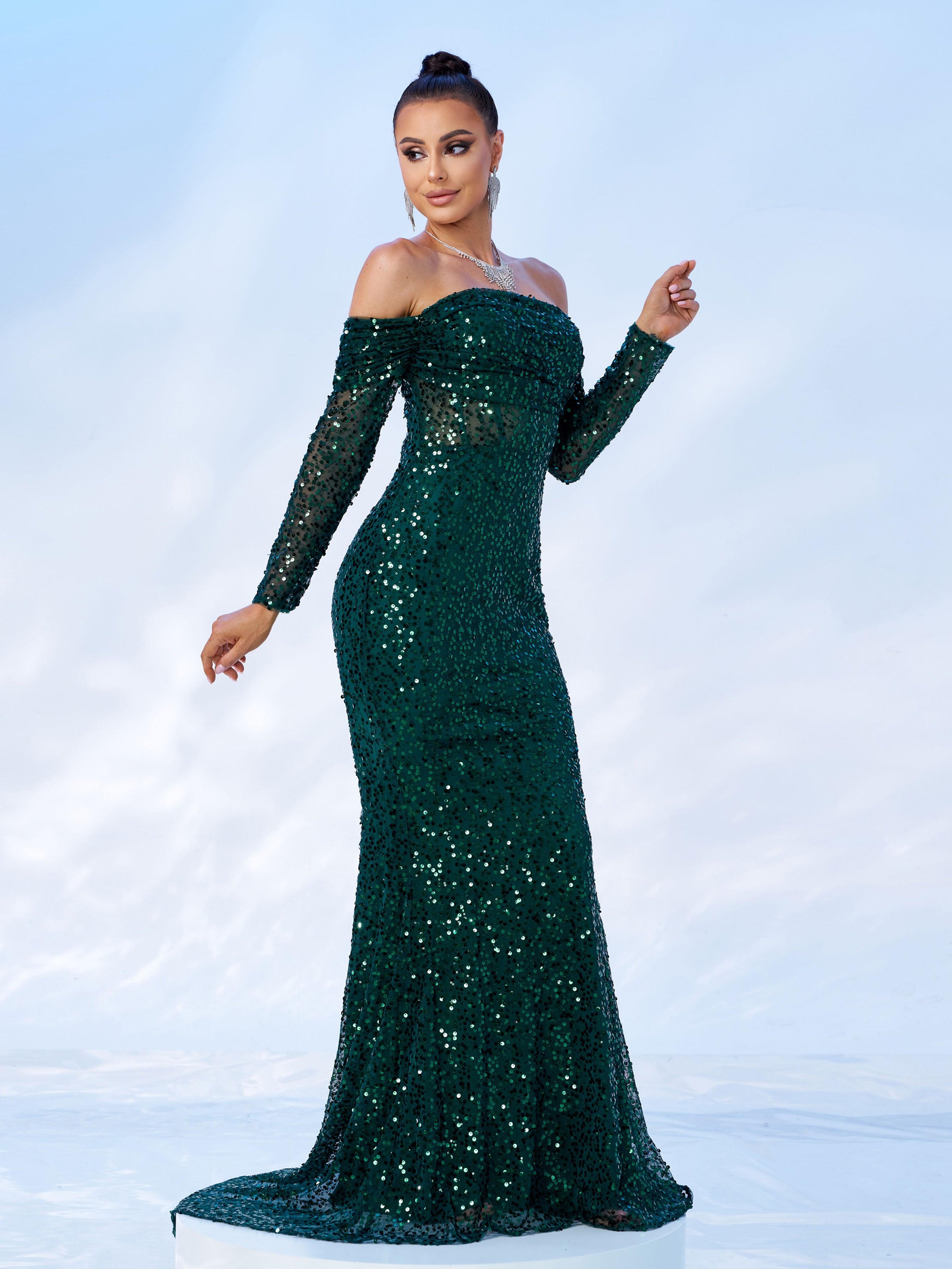 Green Off Shoulder Sequin Mermaid Evening Dress MES00643 - MISS ORD