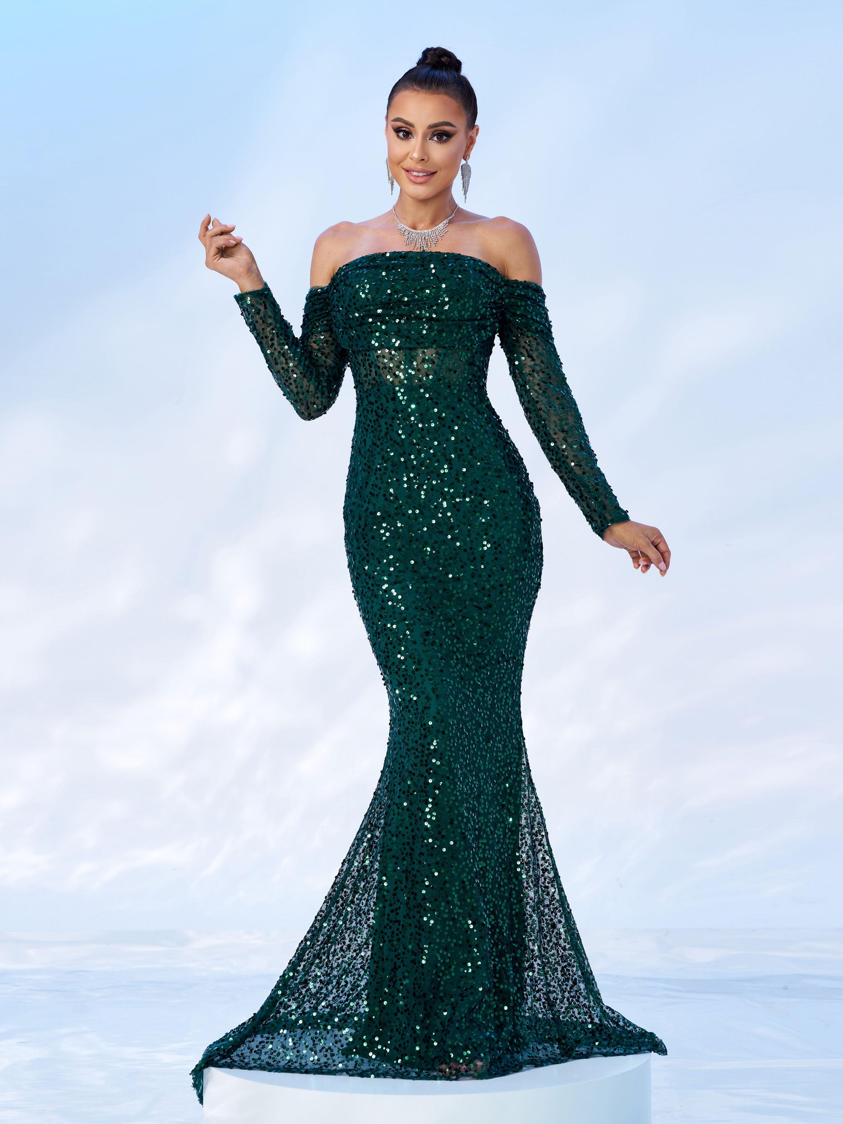 Green Off Shoulder Sequin Mermaid Evening Dress MES00643 - MISS ORD