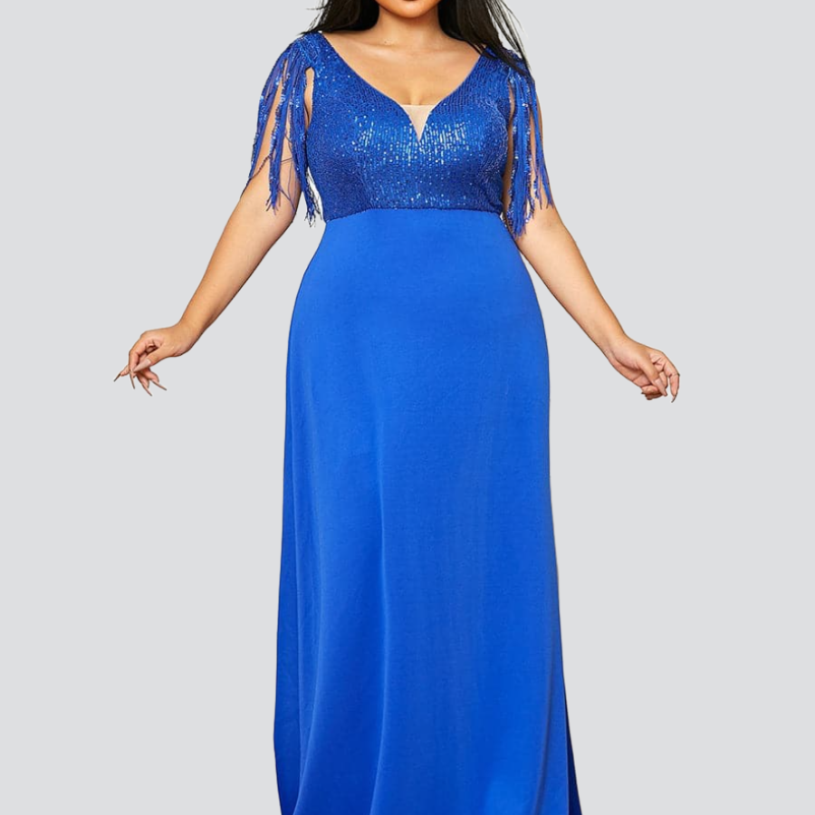Blaues Meerjungfrau-Abendkleid aus gestricktem, rückenfreiem, tiefem V-Ausschnitt PJM065L