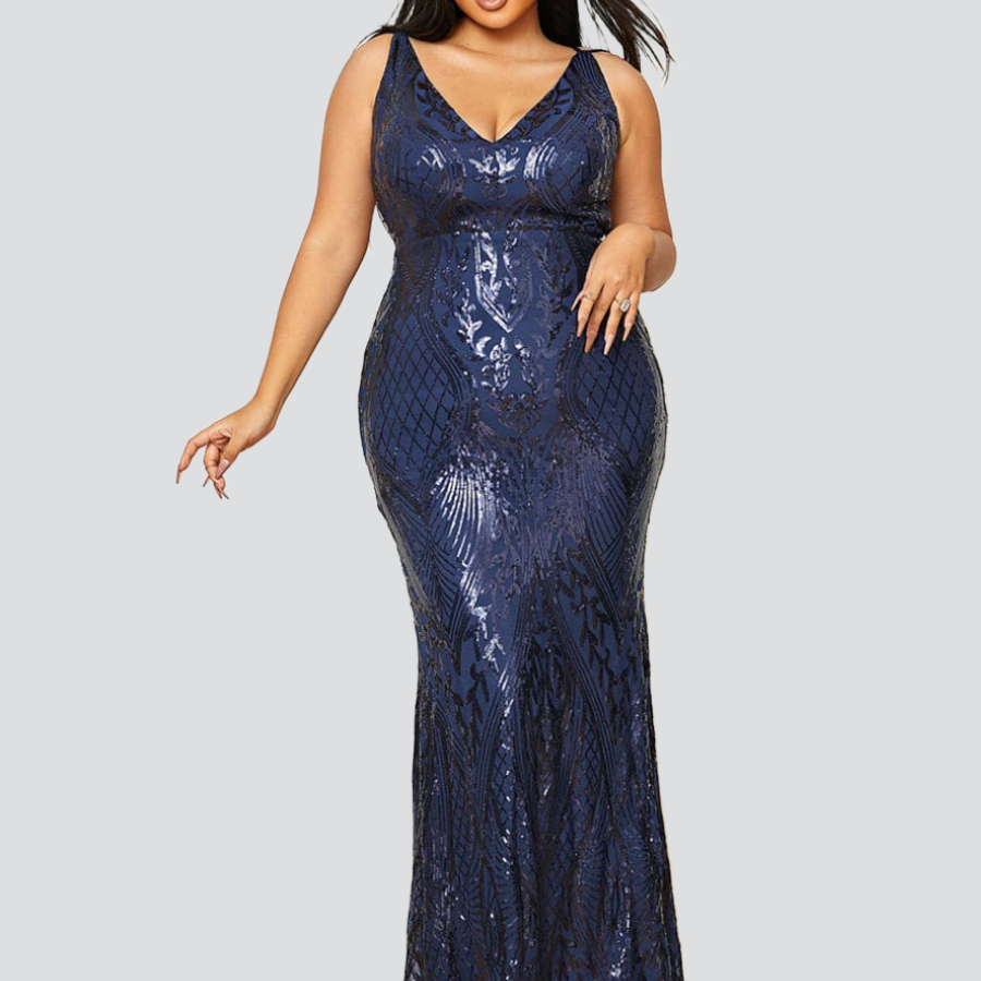 Plus Size V-neck Lace Back Sequin Mermaid Dress