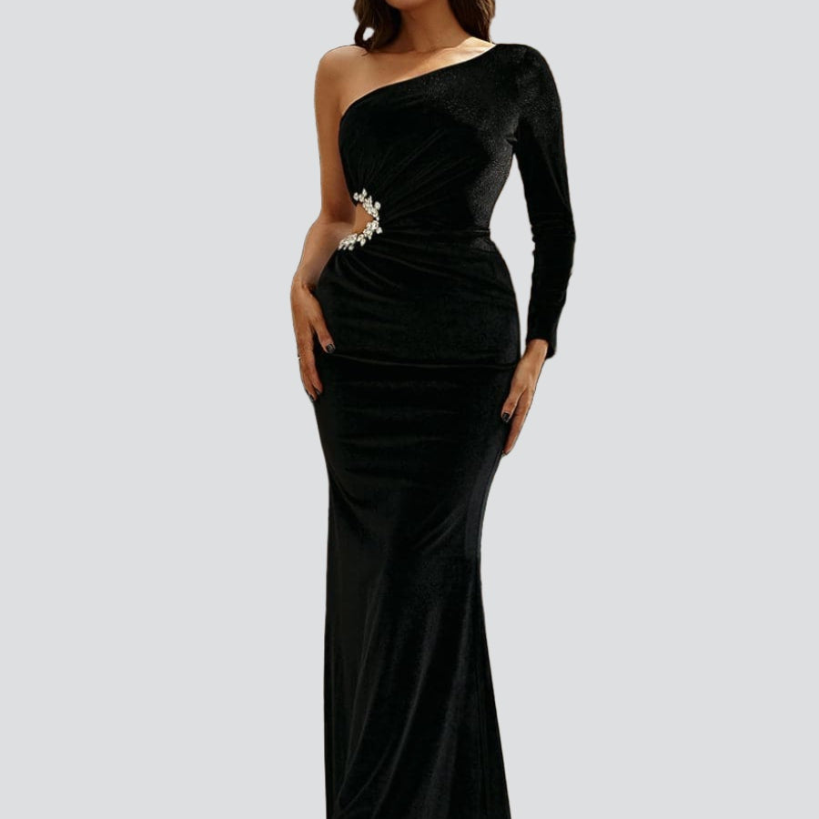 Asymmetrisches formelles Kleid aus schwarzem Samt mit Ausschnitten XH2404