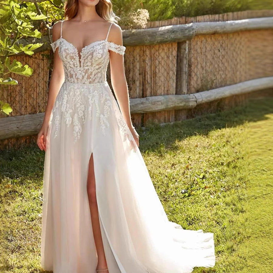 Flowy Romantic Lace Off-Shoulder Slit Wedding Dress MSW071