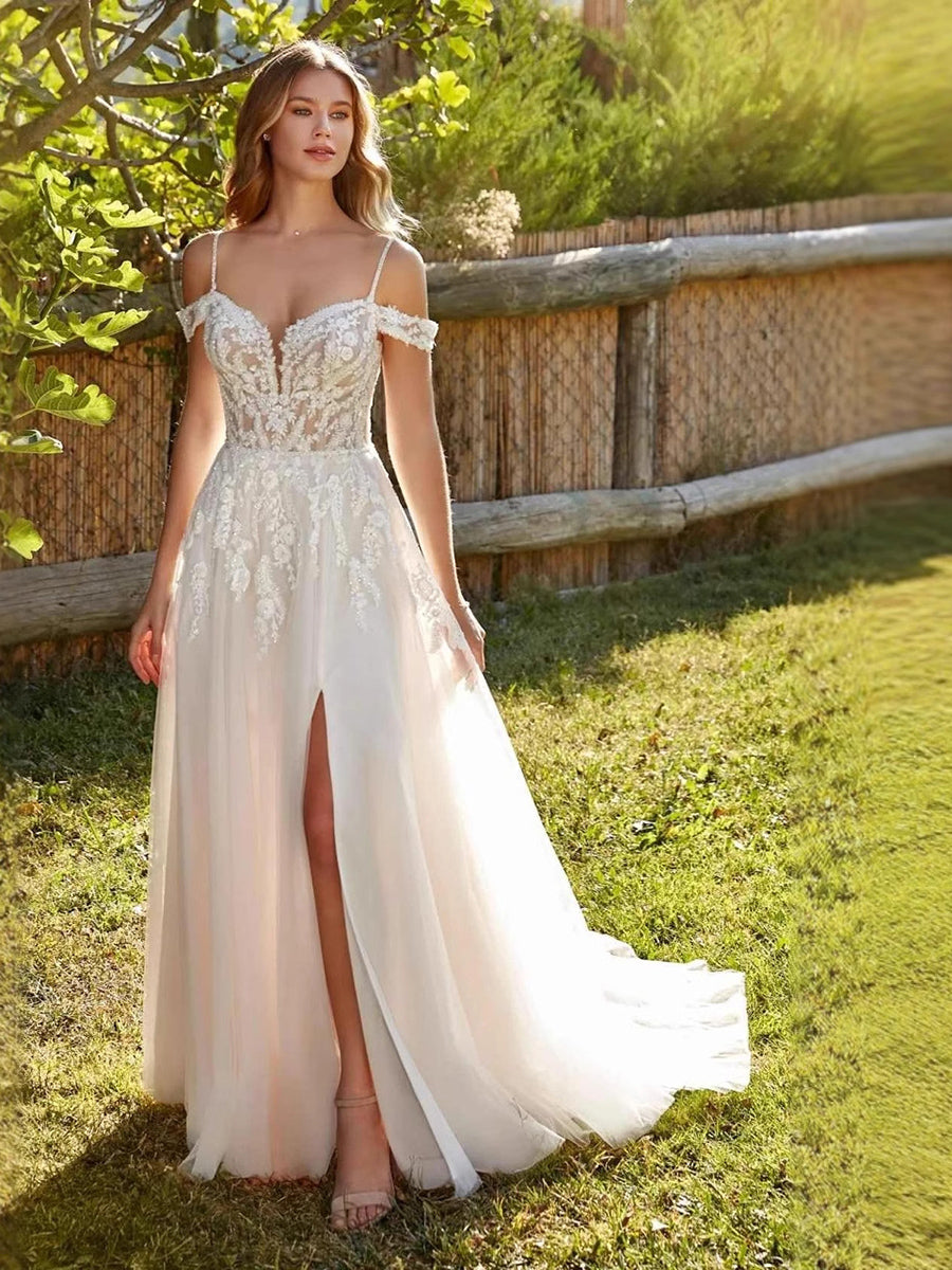 Flowy Romantic Lace Off-Shoulder Slit Wedding Dress MSW071 - White / XL Flowy Romantic Lace Off-Shoulder Slit Wedding Dress MSW071 - White / XL