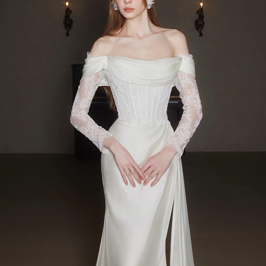 Off-Shoulder Lace Long Sleeve Ruched Corset Wedding Dress MSW072 - White / S Off-Shoulder Lace Long Sleeve Ruched Corset Wedding Dress MSW072 - White / S