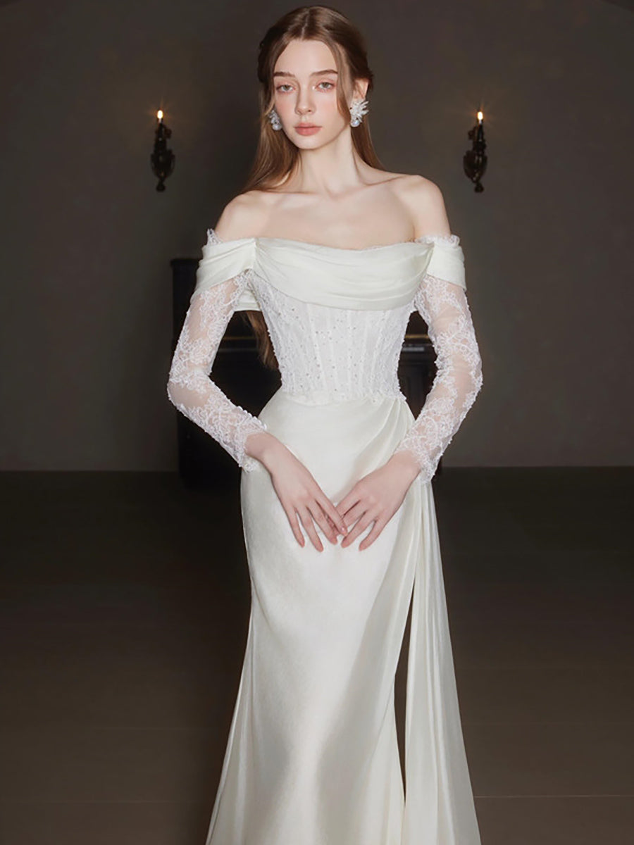 Off-Shoulder Lace Long Sleeve Ruched Corset Wedding Dress MSW072 - White / S Off-Shoulder Lace Long Sleeve Ruched Corset Wedding Dress MSW072 - White / S