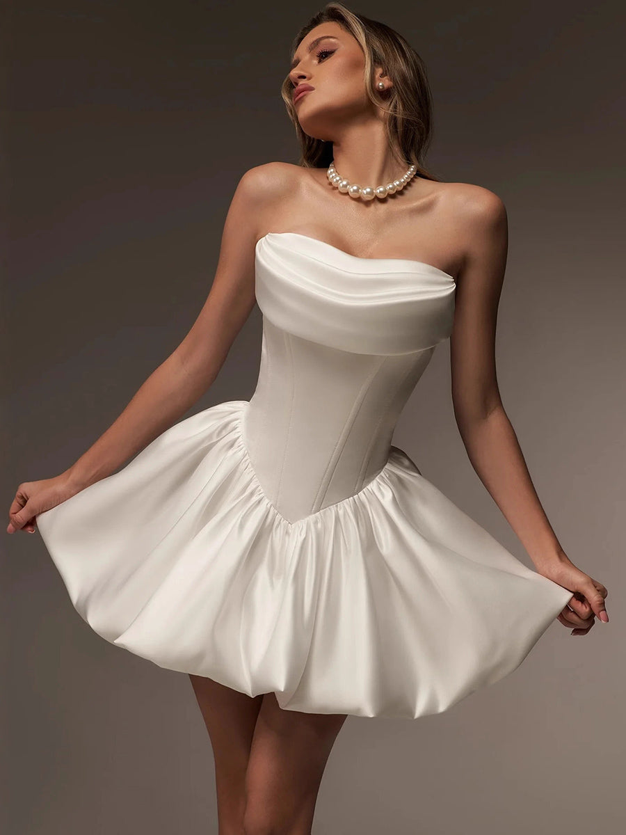 Strapless Ruched Corset Satin Mini Wedding Dress MSW075 - White / S Strapless Ruched Corset Satin Mini Wedding Dress MSW075 - White / S
