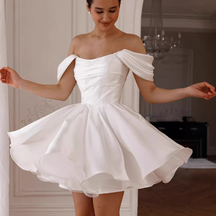 Ruched Skater Off-Shoulder Draped Satin Mini Wedding Dress MSW076 - White / S Ruched Skater Off-Shoulder Draped Satin Mini Wedding Dress MSW076 - White / S