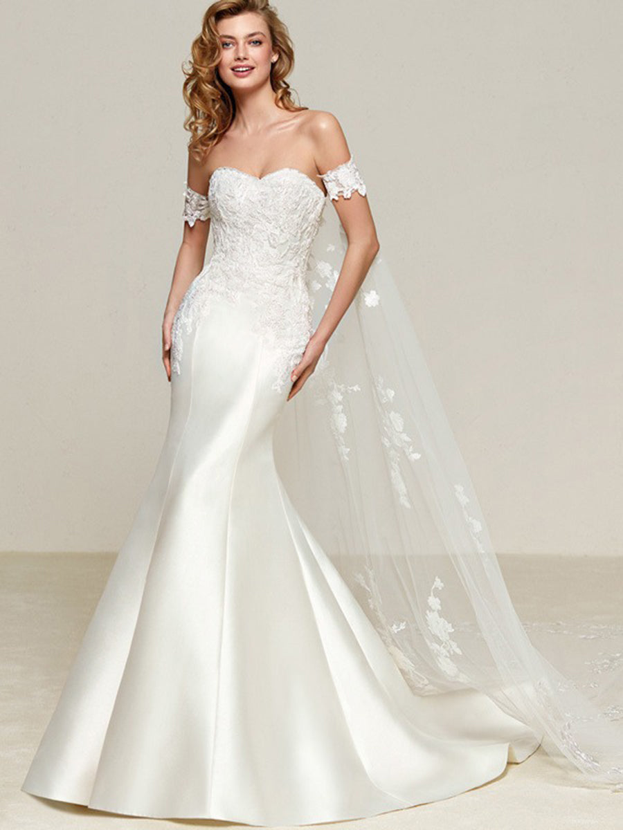 Simple Off-Shoulder Satin Mermaid Wedding Dress with Detachable Train MISS ORD Simple Off-Shoulder Satin Mermaid Wedding Dress with Detachable Train MISS ORD