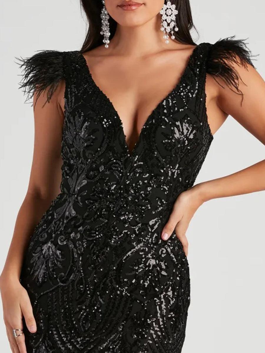 Black Feather Sequin Backless Prom Dress MYC1026 - MISS ORD