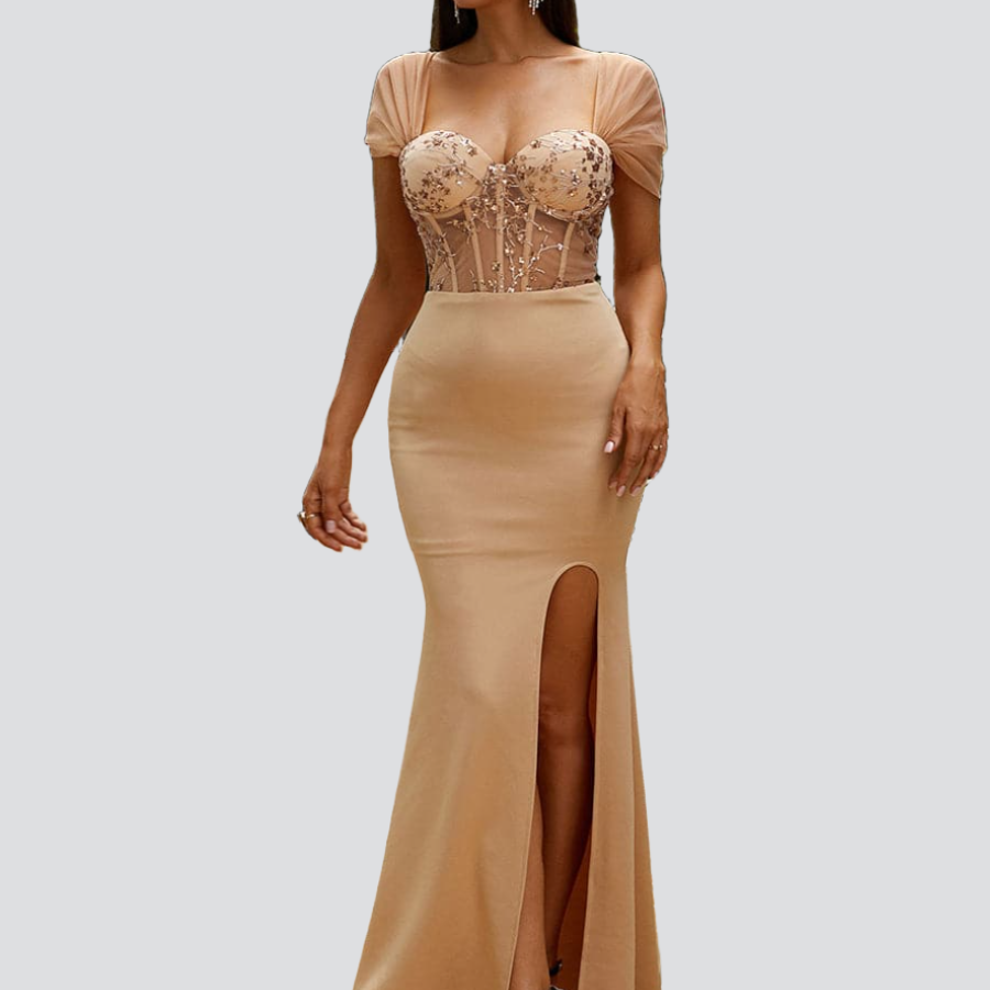 Missord Cap Sleeve Mesh Prom Dress XH1659