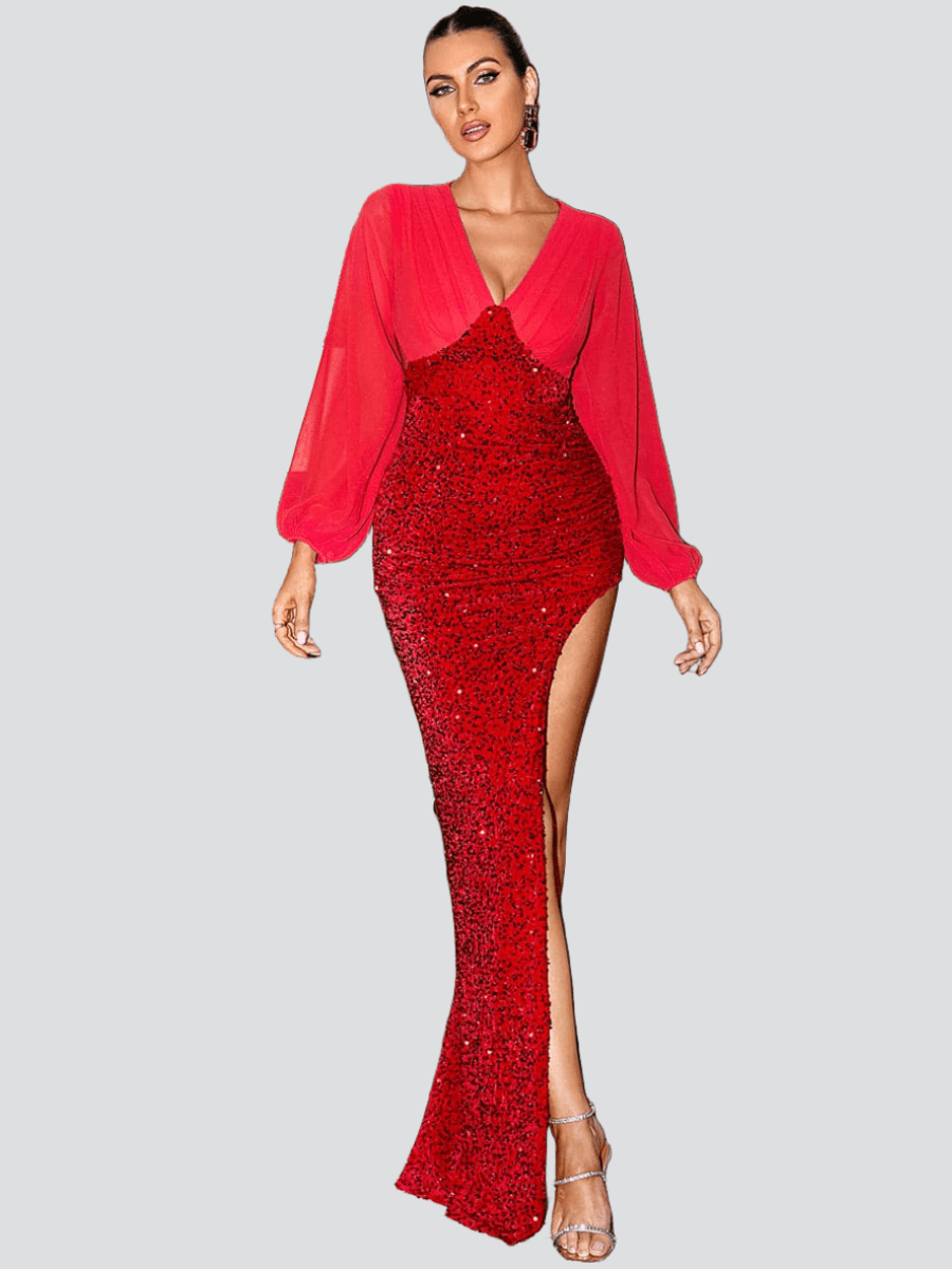 Long Chiffon Sleeve Red Sequin Prom Dress XH2173 - MISS ORD