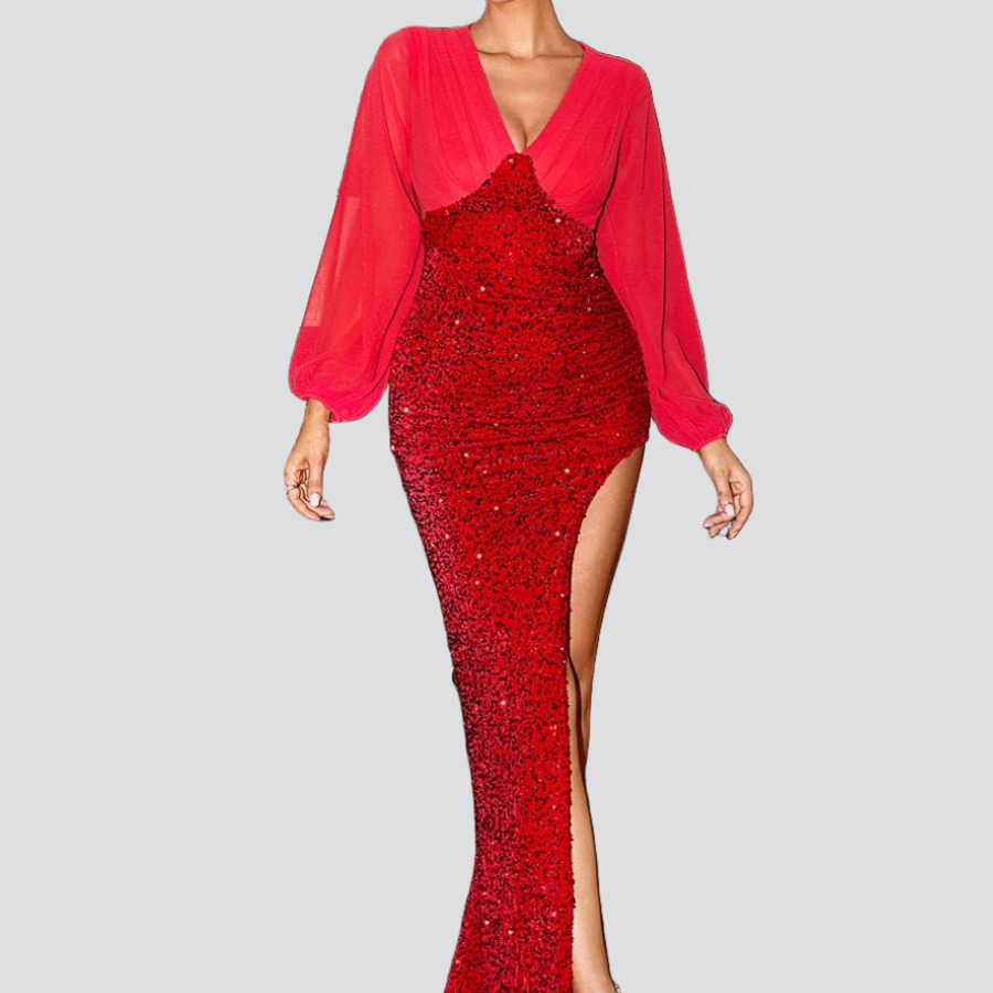 Langes Abendkleid mit roten Pailletten und Chiffonärmeln XH2173
