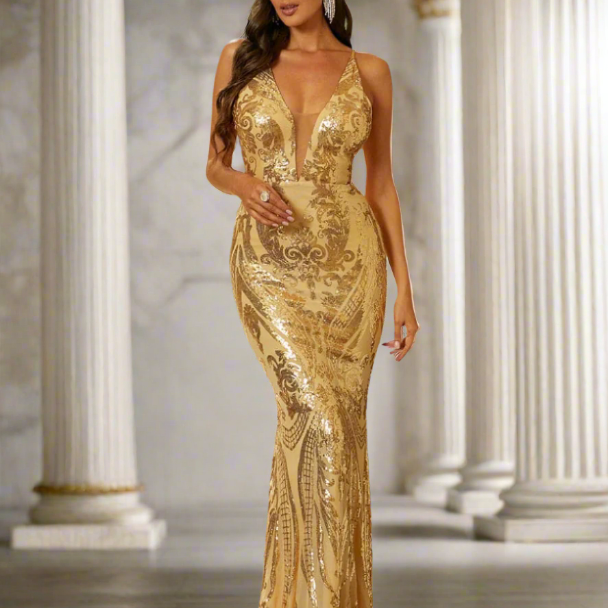 gold backless mermaid dress J TheChosen Champagne Gold Cross-Strap Backless Mermaid Maxi Dress